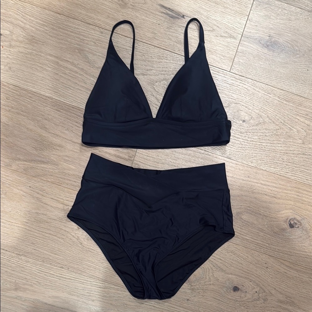 Never Worn Aerie Black Bikini Set High Waisted Crossover with Triangle Top Large